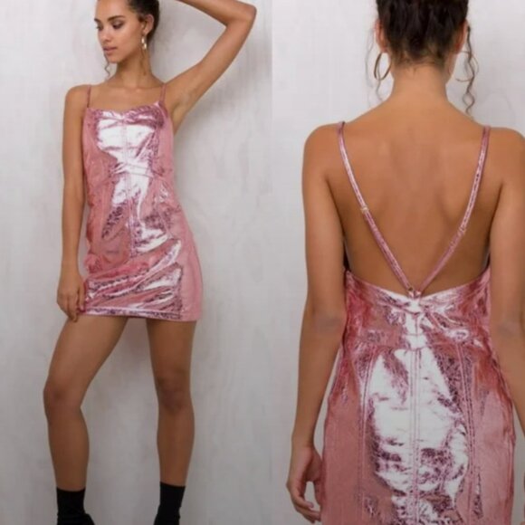 For Love & Lemons Luna Metallic Pink Retro 90s Low Back Mini Dress Size XS - Picture 1 of 5